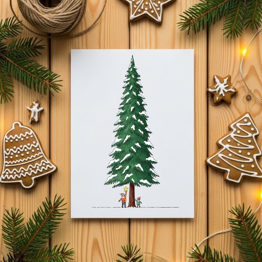 Cute Kids Decorating Big Snowy Christmas Tree Card Feestdagenkaart