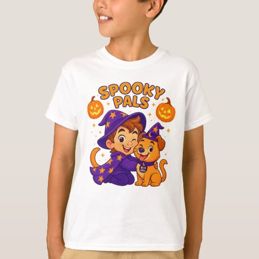 Cute Kids Halloween T-Shirt | Wizard Boy & Dog  (Voorkant)