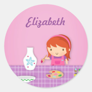 Cute Kids Pottenbakken Schilderen Kunst Voor Meisj Ronde Sticker