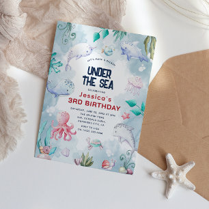 Cute Kids Watercolor Onder de Zee Verjaardagsfeest Kaart
