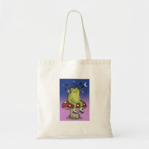 Cute Kikker Luistert Muziek Op Paddenstoel Illustr Tote Bag