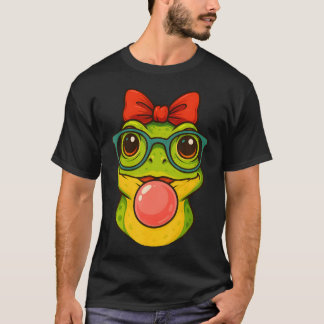 Cute kikker met bril die roze kauwgom blaast t-shirt