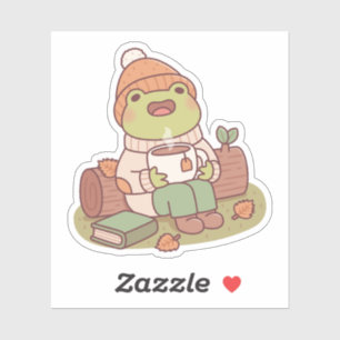 Cute Kikker Met Muts En Warme Thee Herfstseizoen Sticker