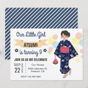 Cute Kimono Japanese Girl Birthday Party Invite Kaart