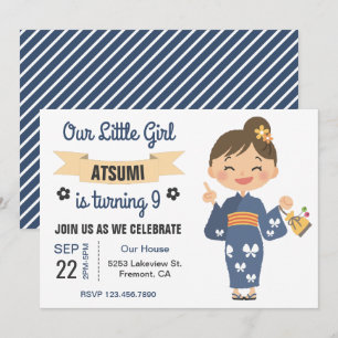 Cute Kimono Japanese Girl Birthday Party Invite Kaart