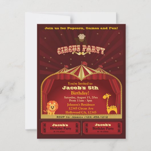 Cute Kind Circus Tickets Birthday Party Kaart (Voorkant)