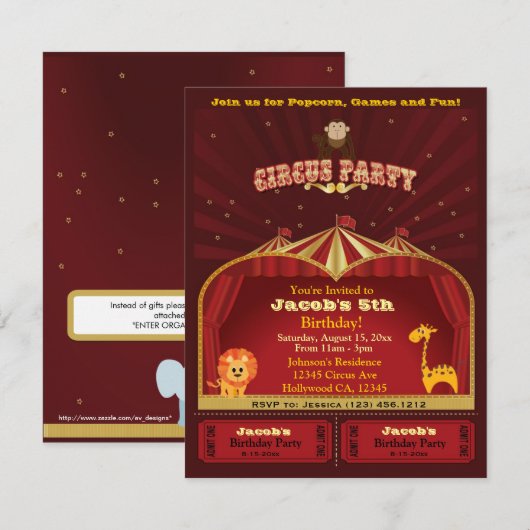 Cute Kind Circus Tickets Birthday Party Kaart (Voorkant / Achterkant)
