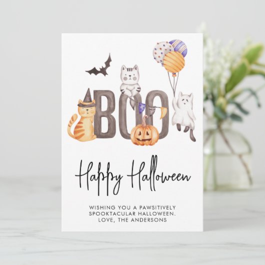 Cute Kind Happy Halloween Cats Ghosts Pumpkin Boo Feestdagenkaart (Staand voorkant)