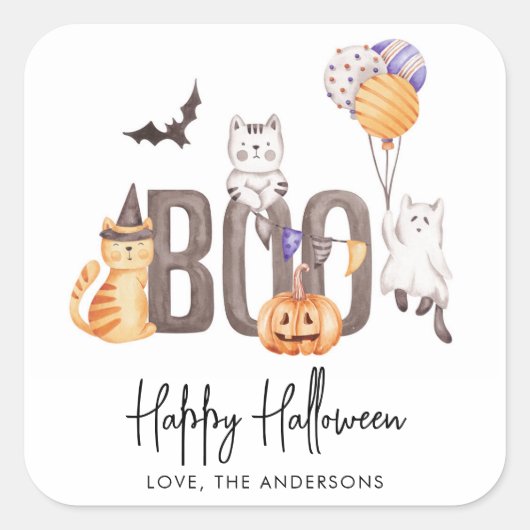 Cute Kind Happy Halloween Cats Ghosts Pumpkin Boo Vierkante Sticker (Voorkant)