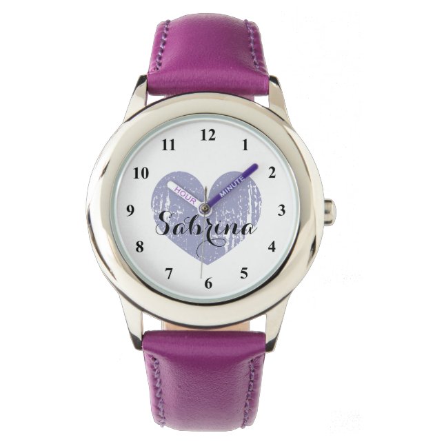 Cute Kind horloge met paarse hart- en meisjesnaam (Voorkant)