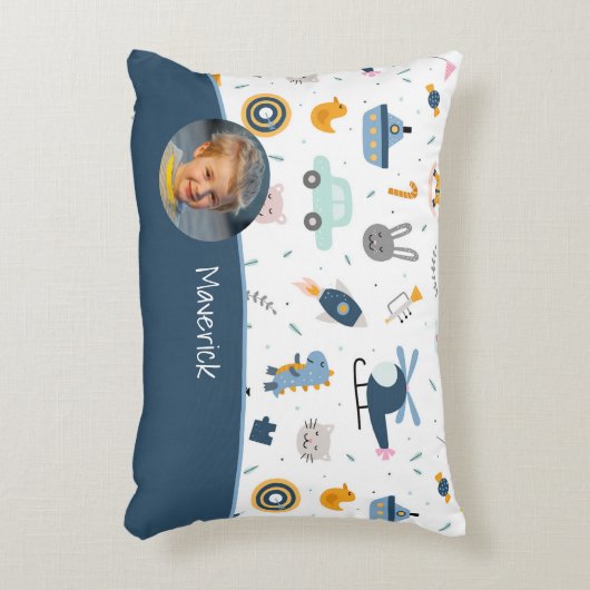 Cute Kind Pattern Foto and Name Boy Blue Accent Kussen (Voorkant(Verticaal))