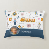 Cute Kind Pattern Foto and Name Boy Blue Accent Kussen (Achterkant)