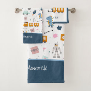 Cute Kind Pattern Foto and Name Boy Blue Bathroom Bad Handdoek