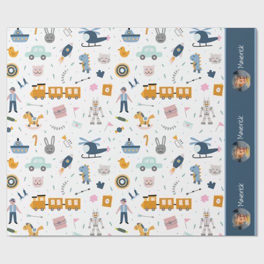 Cute Kind Pattern Foto and Name Boy Blue Cadeaupapier (Vlak)