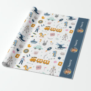 Cute Kind Pattern Foto and Name Boy Blue Cadeaupapier