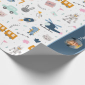 Cute Kind Pattern Foto and Name Boy Blue Cadeaupapier (Hoek)