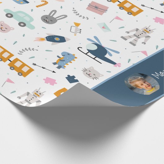 Cute Kind Pattern Foto and Name Boy Blue Cadeaupapier (Hoek)