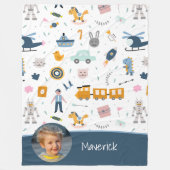 Cute Kind Pattern Foto and Name Boy Blue Fleece Deken (Voorkant)