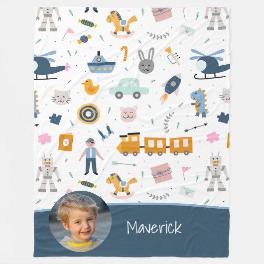 Cute Kind Pattern Foto and Name Boy Blue Fleece Deken (Voorkant)