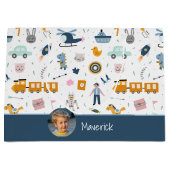 Cute Kind Pattern Foto and Name Boy Blue Groot Cadeauzakje (Voorkant)