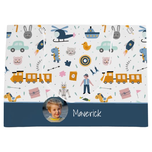 Cute Kind Pattern Foto and Name Boy Blue Groot Cadeauzakje (Voorkant)