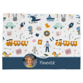 Cute Kind Pattern Foto and Name Boy Blue Groot Cadeauzakje (Achterkant)