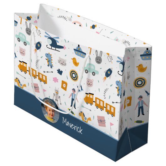 Cute Kind Pattern Foto and Name Boy Blue Groot Cadeauzakje (Voorkant Gekanteld)