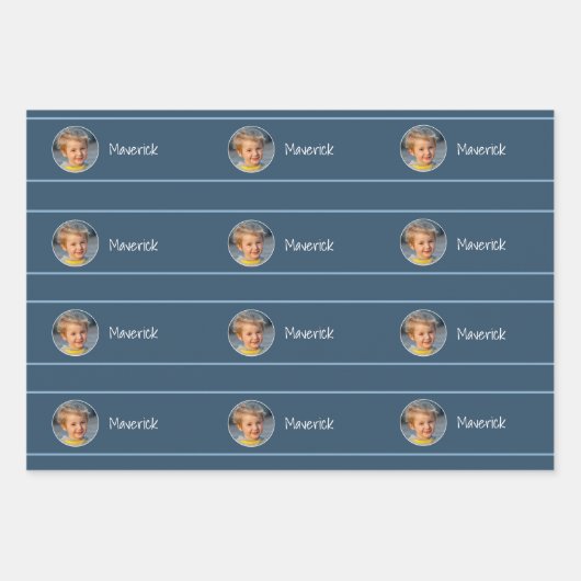 Cute Kind Pattern Foto and Name Boy Blue Inpakpapier Vel (Voorkant 2)