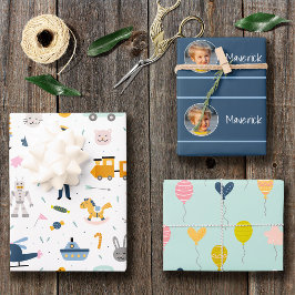 Cute Kind Pattern Foto and Name Boy Blue Inpakpapier Vel
