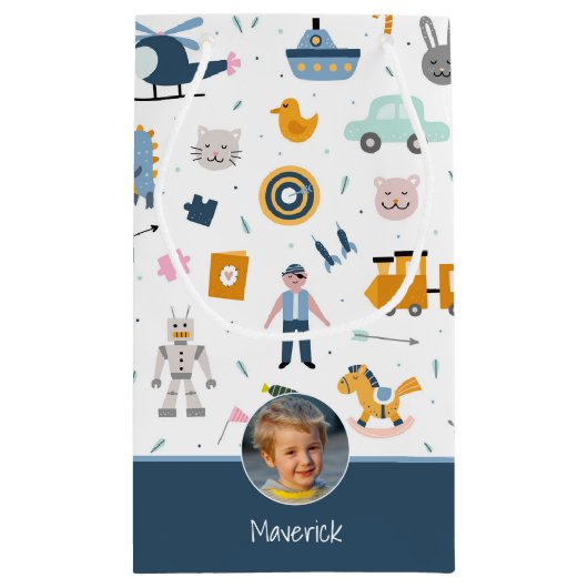 Cute Kind Pattern Foto and Name Boy Blue Klein Cadeauzakje (Achterkant)