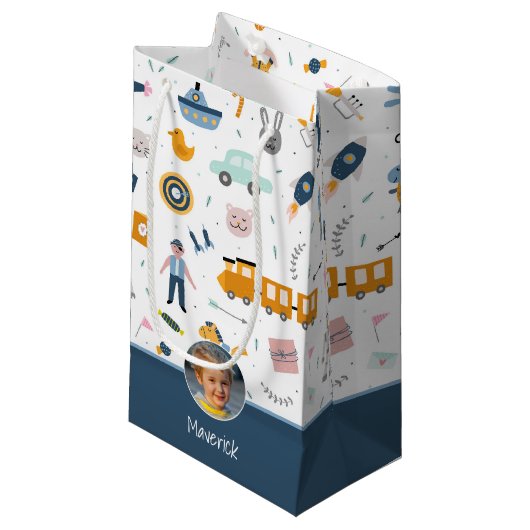 Cute Kind Pattern Foto and Name Boy Blue Klein Cadeauzakje (Voorkant Gekanteld)