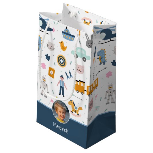 Cute Kind Pattern Foto and Name Boy Blue Klein Cadeauzakje (Achterkant Gekanteld)
