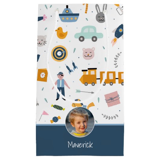 Cute Kind Pattern Foto and Name Boy Blue Klein Cadeauzakje (Voorkant)