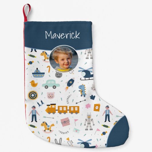 Cute Kind Pattern Foto and Name Boy Blue Kleine Kerstsok (Voorkant)