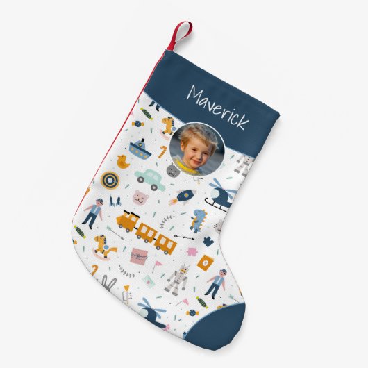 Cute Kind Pattern Foto and Name Boy Blue Kleine Kerstsok (Voorkant (Hangend))