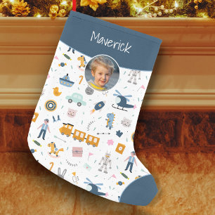 Cute Kind Pattern Foto and Name Boy Blue Kleine Kerstsok