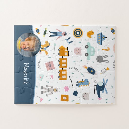 Cute Kind Pattern Foto and Name Boy Blue Legpuzzel (Horizontaal)