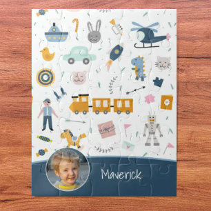 Cute Kind Pattern Foto and Name Boy Blue Legpuzzel
