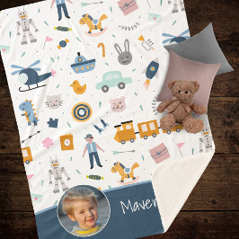 Cute Kind Pattern Foto and Name Boy Blue Sherpa Deken