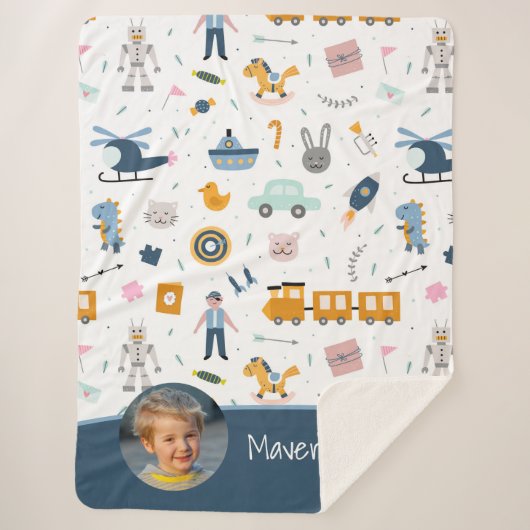 Cute Kind Pattern Foto and Name Boy Blue Sherpa Deken (Voorkant)