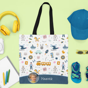 Cute Kind Pattern Foto and Name Boy Blue Shopping Tote Bag