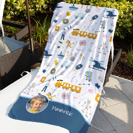 Cute Kind Pattern Foto and Name Boy Blue Strandlaken