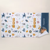 Cute Kind Pattern Foto and Name Boy Blue Strandlaken (Voorkant)