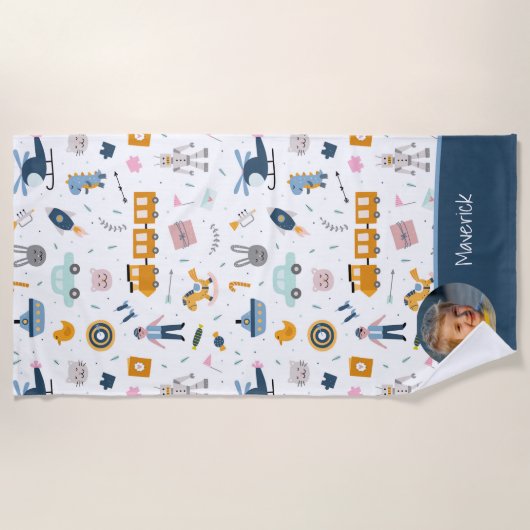 Cute Kind Pattern Foto and Name Boy Blue Strandlaken (Voorkant)