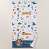 Cute Kind Pattern Foto and Name Boy Blue Strandlaken (Voorkant)