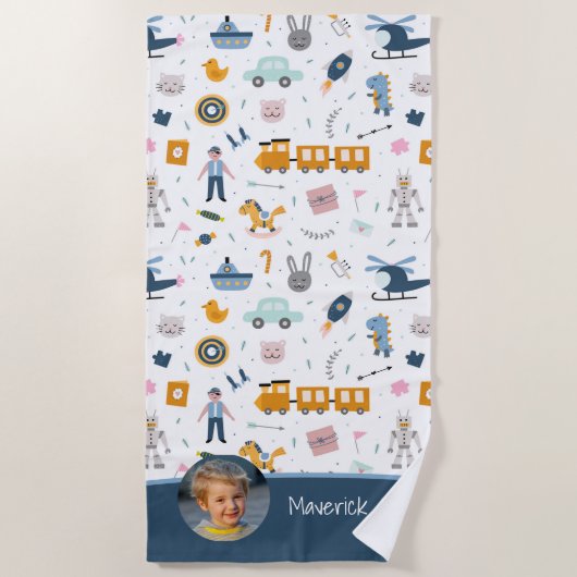 Cute Kind Pattern Foto and Name Boy Blue Strandlaken (Voorkant)