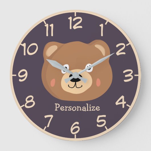 Cute Kind Teddy Bear Cartoon Brown Beer personalis Grote Klok (Voorkant)