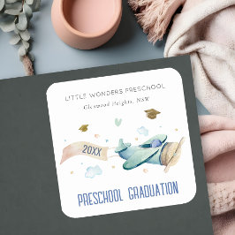 Cute Kinder Airplane Sky Stars Preschool Afstudere Vierkante Sticker