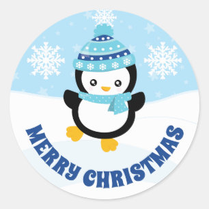 Cute Kinder Blue Pet Penguin Merry Kerstmis Ronde Sticker