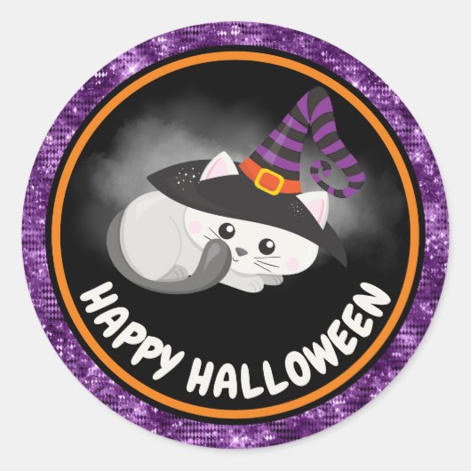 Cute Kinder Cat & Paarse Glitter Happy Halloween Ronde Sticker (Voorkant)